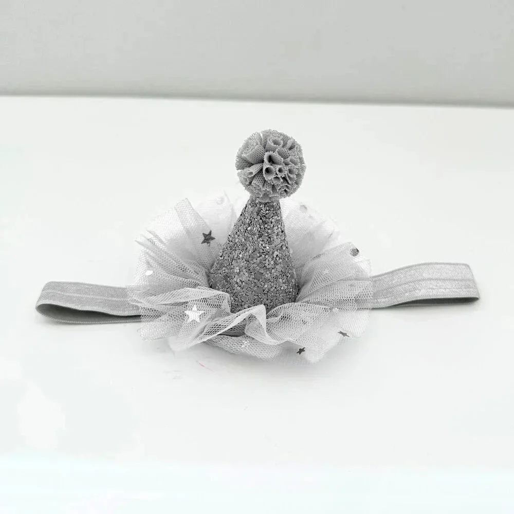 NWT Cute Princess Happy Birthday Hat Girls Hair Headband Grey & Gold Glitter